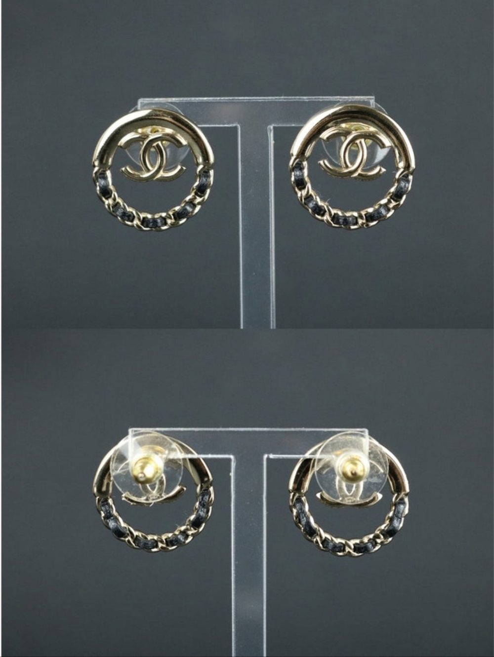 Chanel 2022 Studded Pierced Earrings with Leather Braided Gold Tone LIKE NEW! - Picture 3 of 10